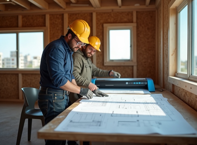 Construction site trailer with wide format plotter for short-term rental