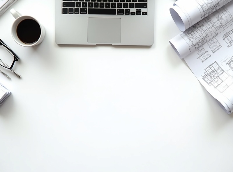 Office desk with architectural blueprints and planning materials