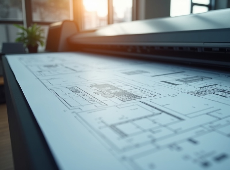 Close-up of a wide format plotter printing architectural blueprints